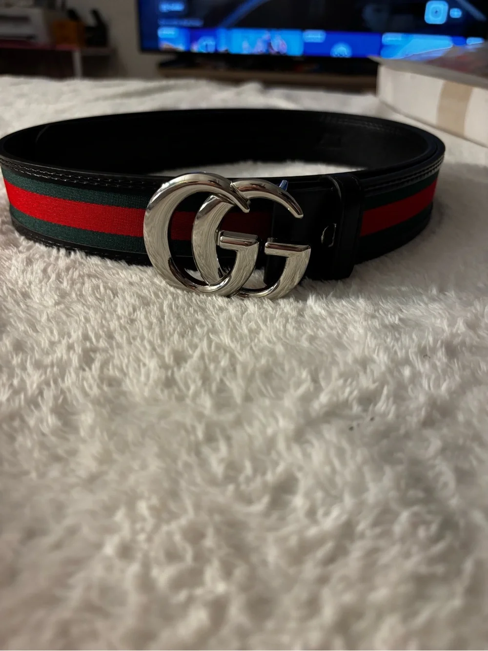 New !! Men’s Web Stripe Belt with Double G Buckle - Black/Green/Red